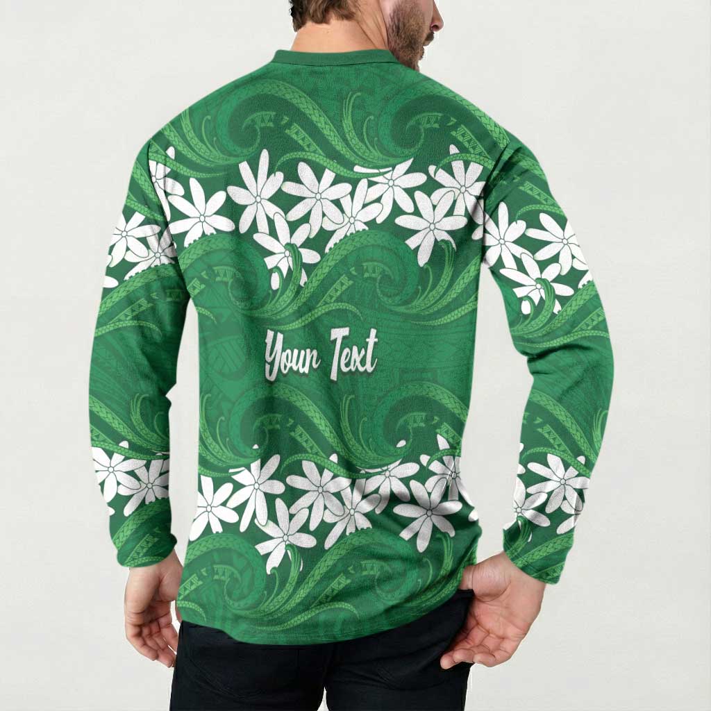 Personalised Cook Islands Rarotonga Button Sweatshirt Tiare Maori Polynesian Waves Tattoo
