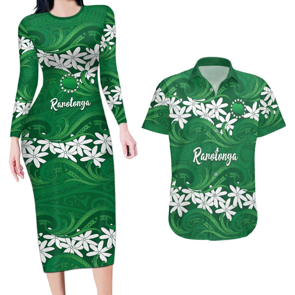 Personalised Cook Islands Rarotonga Couples Matching Long Sleeve Bodycon Dress and Hawaiian Shirt Tiare Maori Polynesian Waves Tattoo LT14 Green - Polynesian Pride