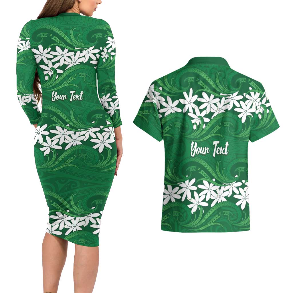 Personalised Cook Islands Rarotonga Couples Matching Long Sleeve Bodycon Dress and Hawaiian Shirt Tiare Maori Polynesian Waves Tattoo LT14 - Polynesian Pride