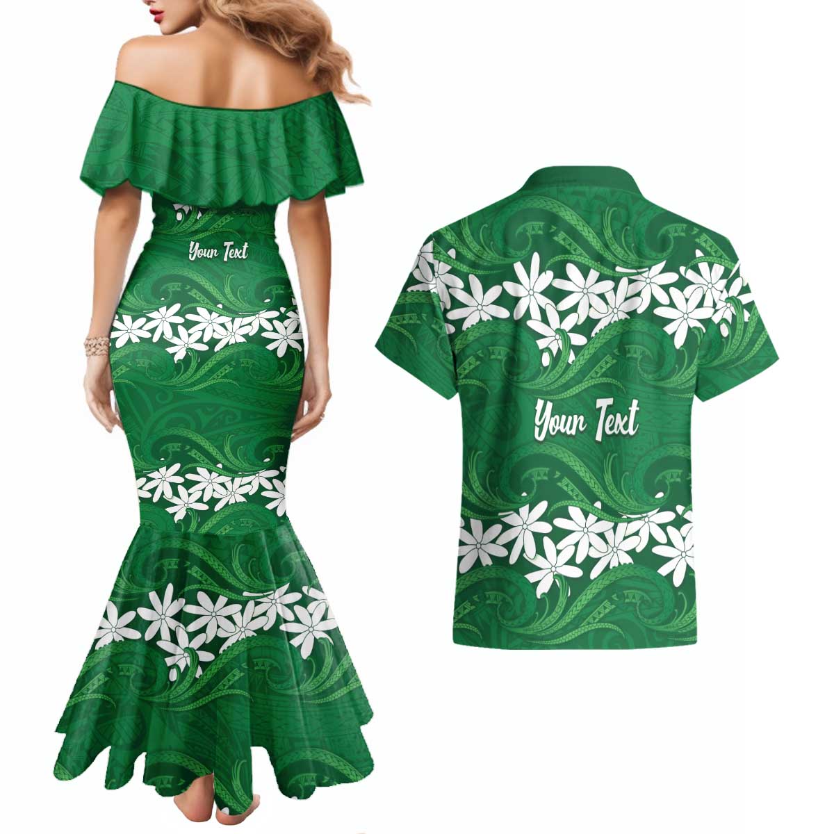 Personalised Cook Islands Rarotonga Couples Matching Mermaid Dress and Hawaiian Shirt Tiare Maori Polynesian Waves Tattoo LT14 - Polynesian Pride