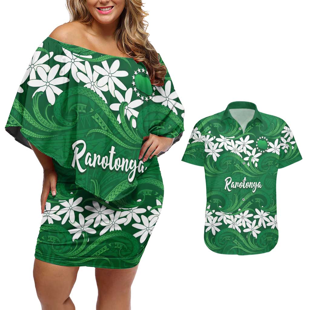 Personalised Cook Islands Rarotonga Couples Matching Off Shoulder Short Dress and Hawaiian Shirt Tiare Maori Polynesian Waves Tattoo