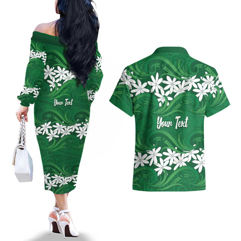 Personalised Cook Islands Rarotonga Couples Matching Off The Shoulder Long Sleeve Dress and Hawaiian Shirt Tiare Maori Polynesian Waves Tattoo LT14 - Polynesian Pride