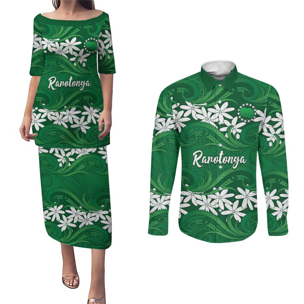 Personalised Cook Islands Rarotonga Couples Matching Puletasi and Long Sleeve Button Shirt Tiare Maori Polynesian Waves Tattoo