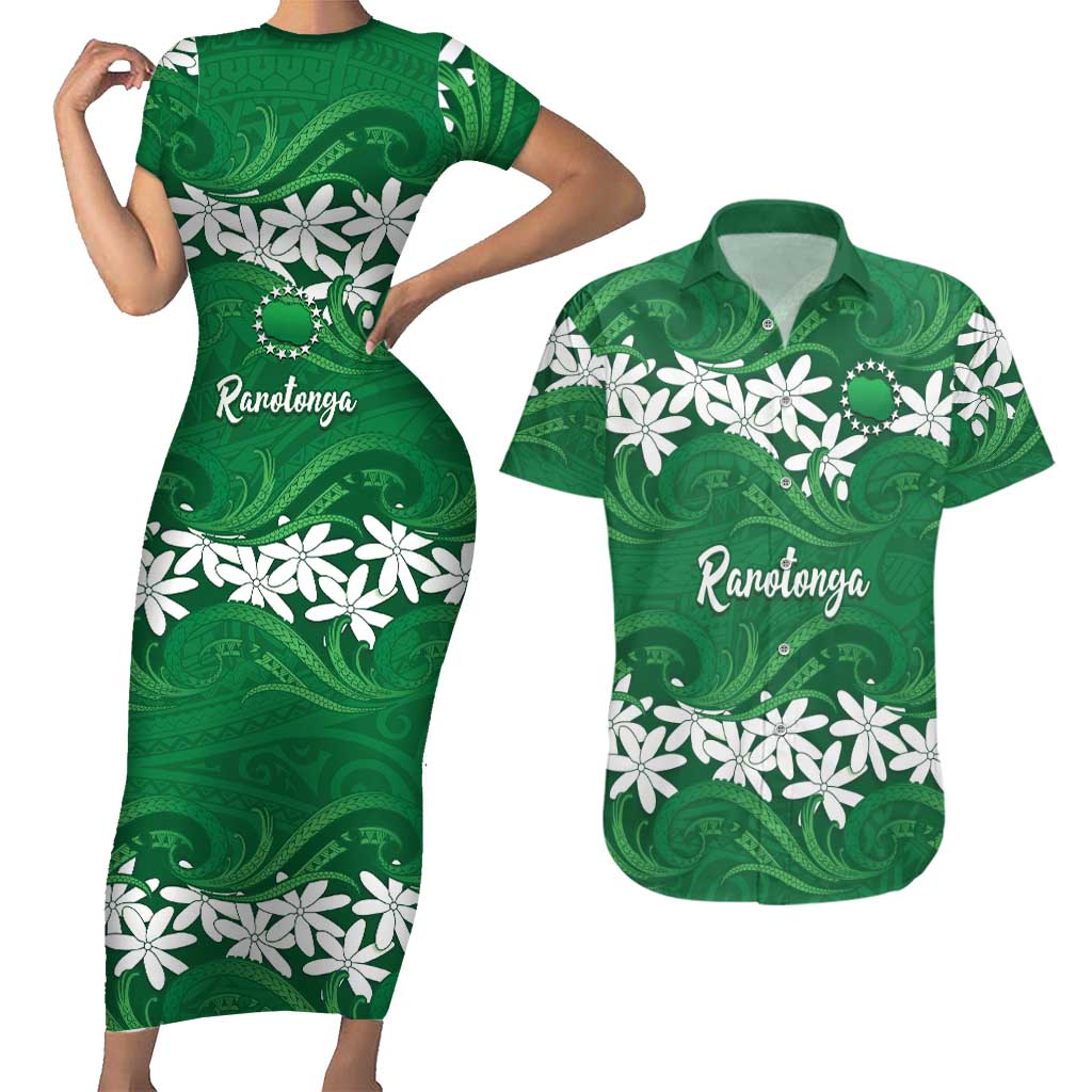 Personalised Cook Islands Rarotonga Couples Matching Short Sleeve Bodycon Dress and Hawaiian Shirt Tiare Maori Polynesian Waves Tattoo LT14 Green - Polynesian Pride