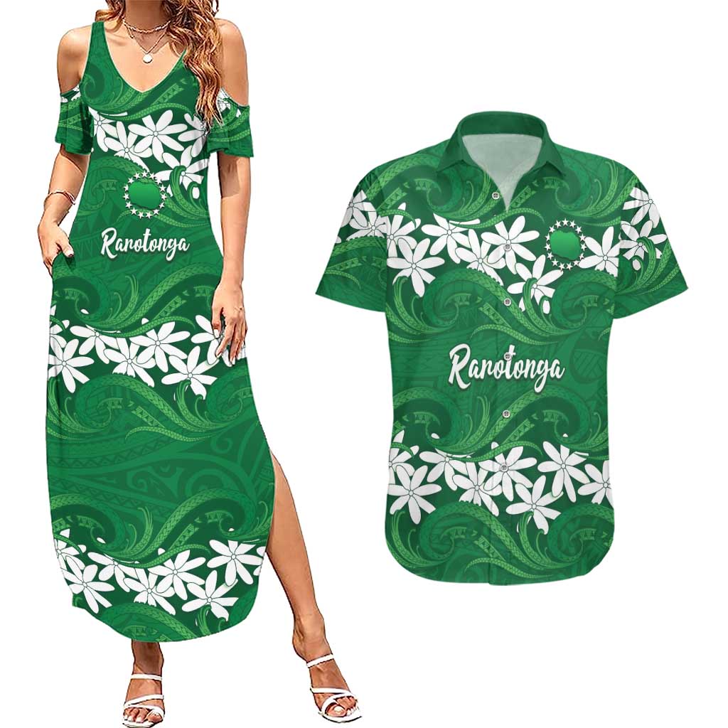 Personalised Cook Islands Rarotonga Couples Matching Summer Maxi Dress and Hawaiian Shirt Tiare Maori Polynesian Waves Tattoo