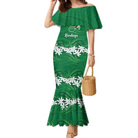 Personalised Cook Islands Rarotonga Family Matching Mermaid Dress and Hawaiian Shirt Tiare Maori Polynesian Waves Tattoo LT14 Mom's Dress Green - Polynesian Pride