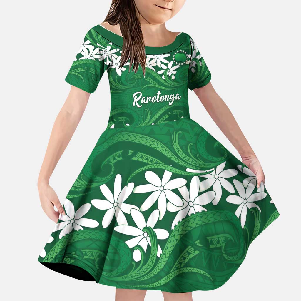 Personalised Cook Islands Rarotonga Family Matching Off The Shoulder Long Sleeve Dress and Hawaiian Shirt Tiare Maori Polynesian Waves Tattoo LT14 Daughter's Dress Green - Polynesian Pride