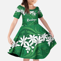Personalised Cook Islands Rarotonga Family Matching Off The Shoulder Long Sleeve Dress and Hawaiian Shirt Tiare Maori Polynesian Waves Tattoo LT14 Daughter's Dress Green - Polynesian Pride
