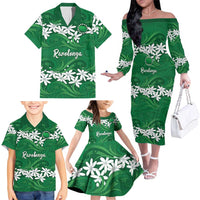 Personalised Cook Islands Rarotonga Family Matching Off The Shoulder Long Sleeve Dress and Hawaiian Shirt Tiare Maori Polynesian Waves Tattoo LT14 - Polynesian Pride