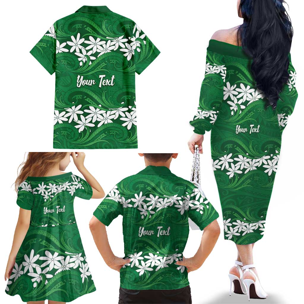 Personalised Cook Islands Rarotonga Family Matching Off The Shoulder Long Sleeve Dress and Hawaiian Shirt Tiare Maori Polynesian Waves Tattoo LT14 - Polynesian Pride
