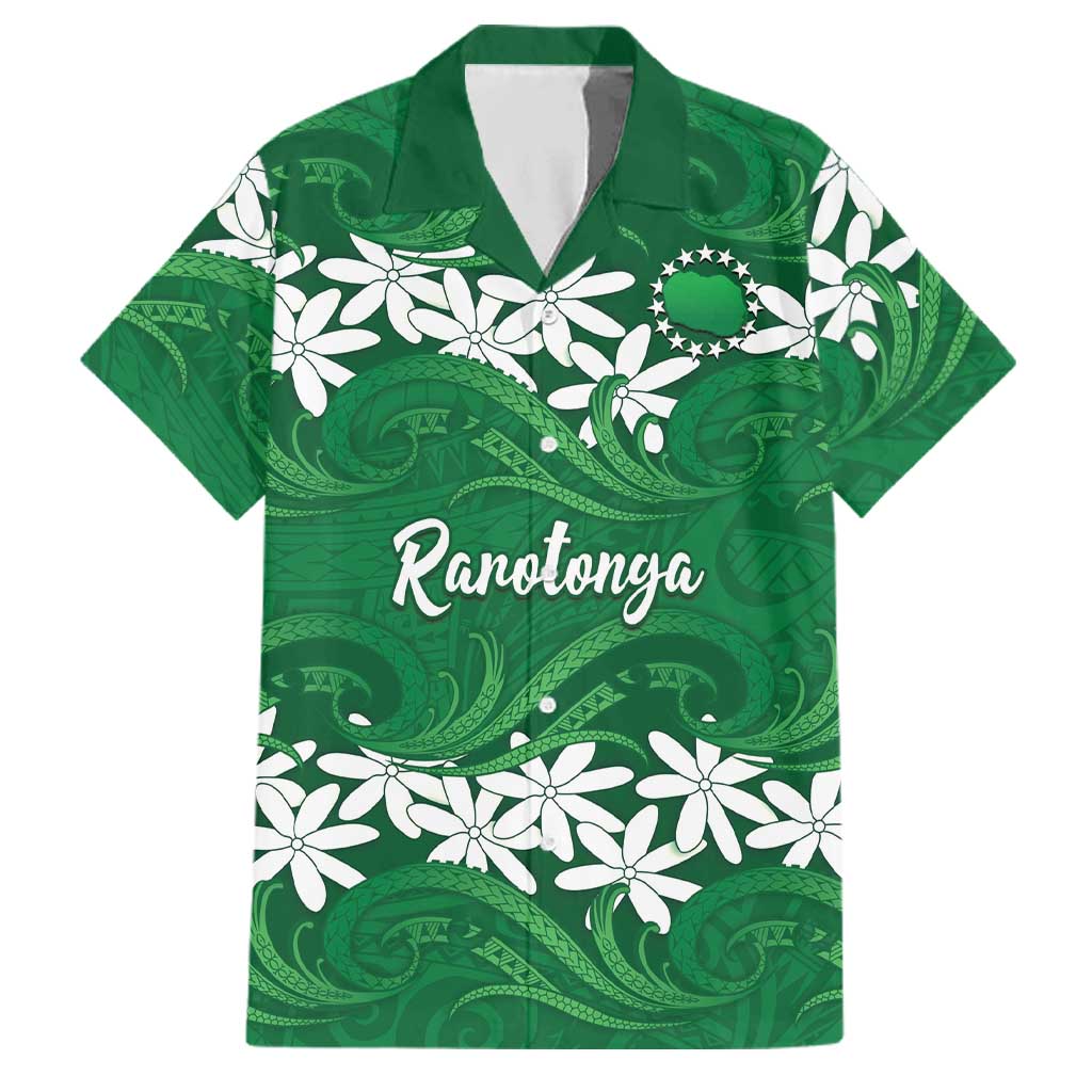 Personalised Cook Islands Rarotonga Family Matching Off Shoulder Short Dress and Hawaiian Shirt Tiare Maori Polynesian Waves Tattoo LT14 Dad's Shirt - Short Sleeve Green - Polynesian Pride