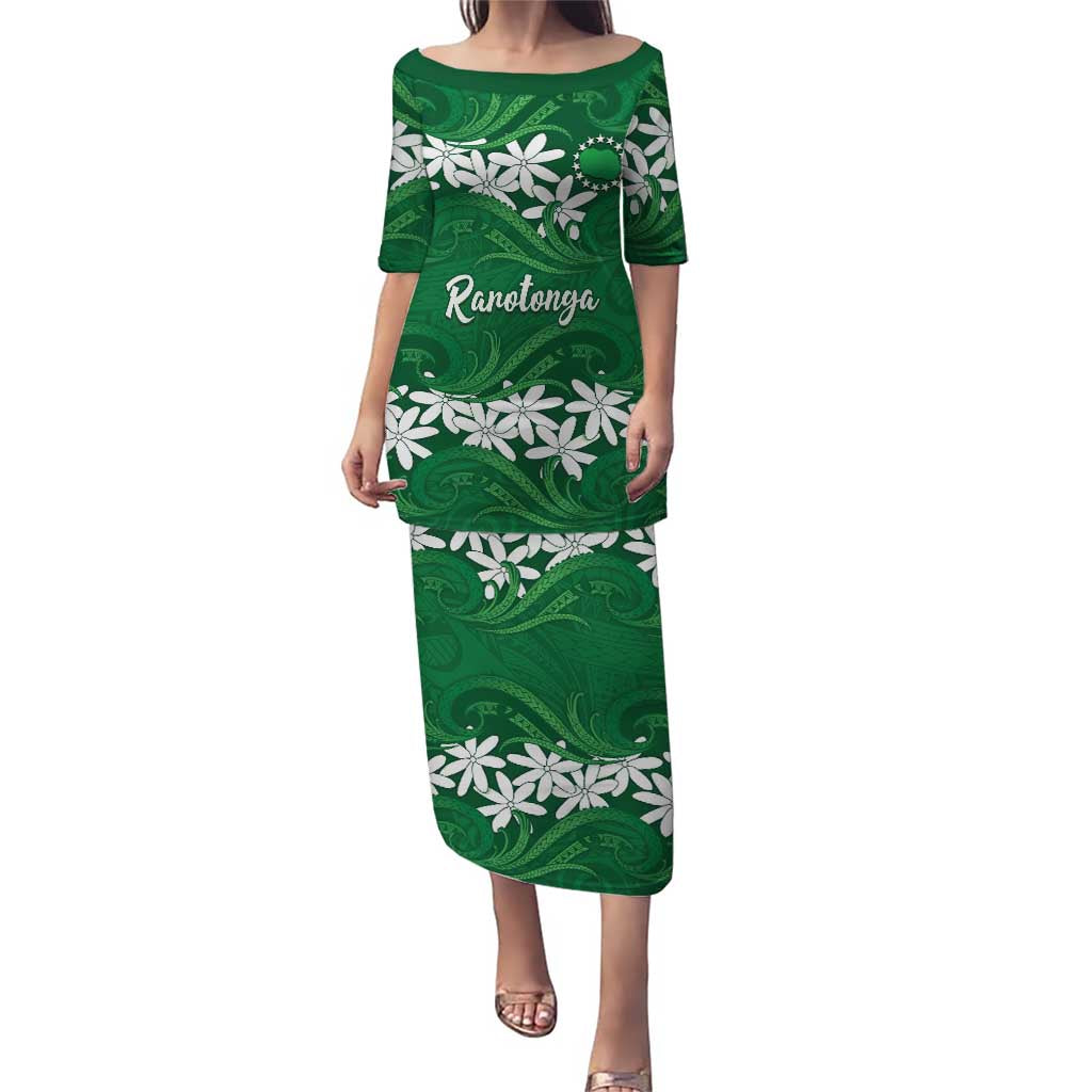 Personalised Cook Islands Rarotonga Family Matching Puletasi and Hawaiian Shirt Tiare Maori Polynesian Waves Tattoo LT14 Mom's Dress Green - Polynesian Pride