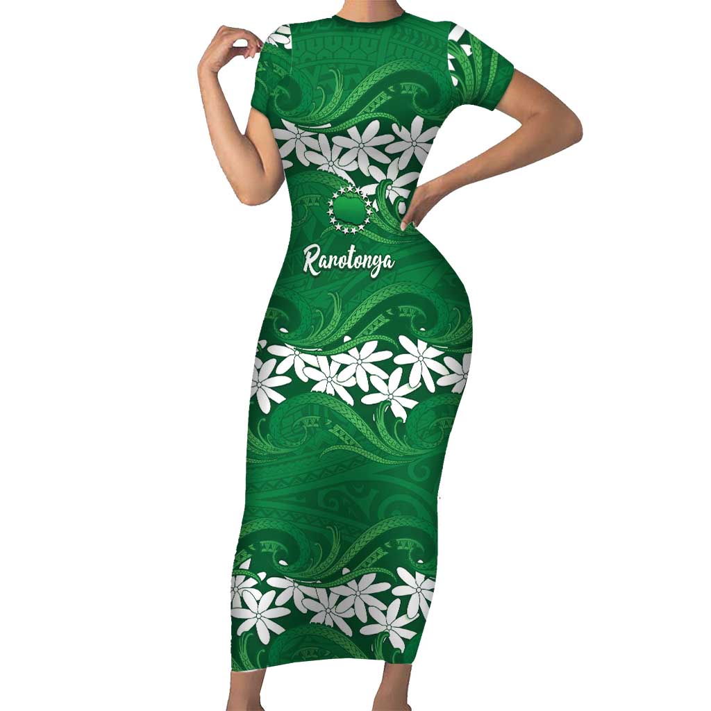 Personalised Cook Islands Rarotonga Family Matching Short Sleeve Bodycon Dress and Hawaiian Shirt Tiare Maori Polynesian Waves Tattoo LT14 Mom's Dress Green - Polynesian Pride