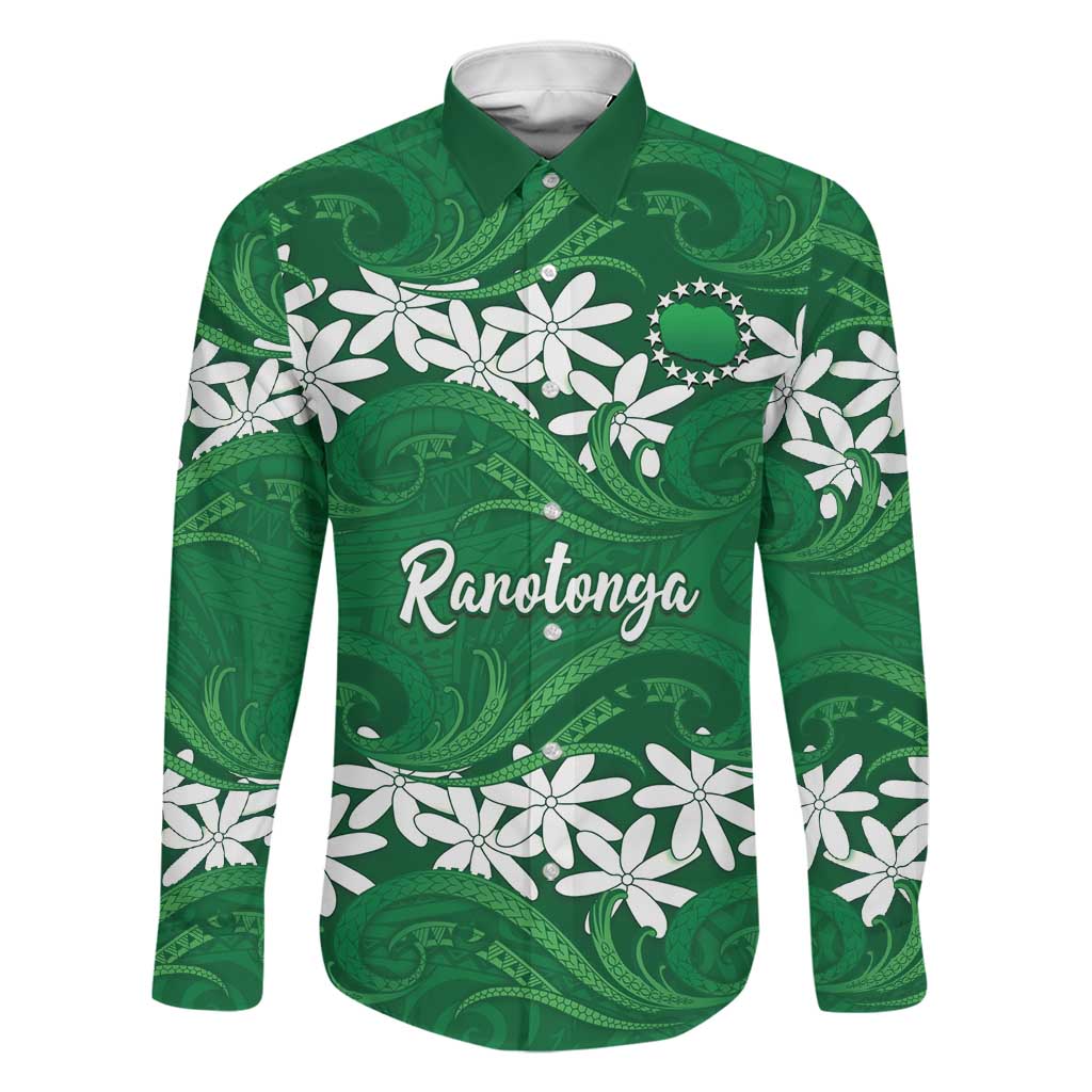 Personalised Cook Islands Rarotonga Family Matching Summer Maxi Dress and Hawaiian Shirt Tiare Maori Polynesian Waves Tattoo LT14 Dad's Shirt - Long Sleeve Green - Polynesian Pride