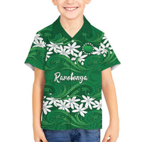 Personalised Cook Islands Rarotonga Family Matching Summer Maxi Dress and Hawaiian Shirt Tiare Maori Polynesian Waves Tattoo LT14 Son's Shirt Green - Polynesian Pride