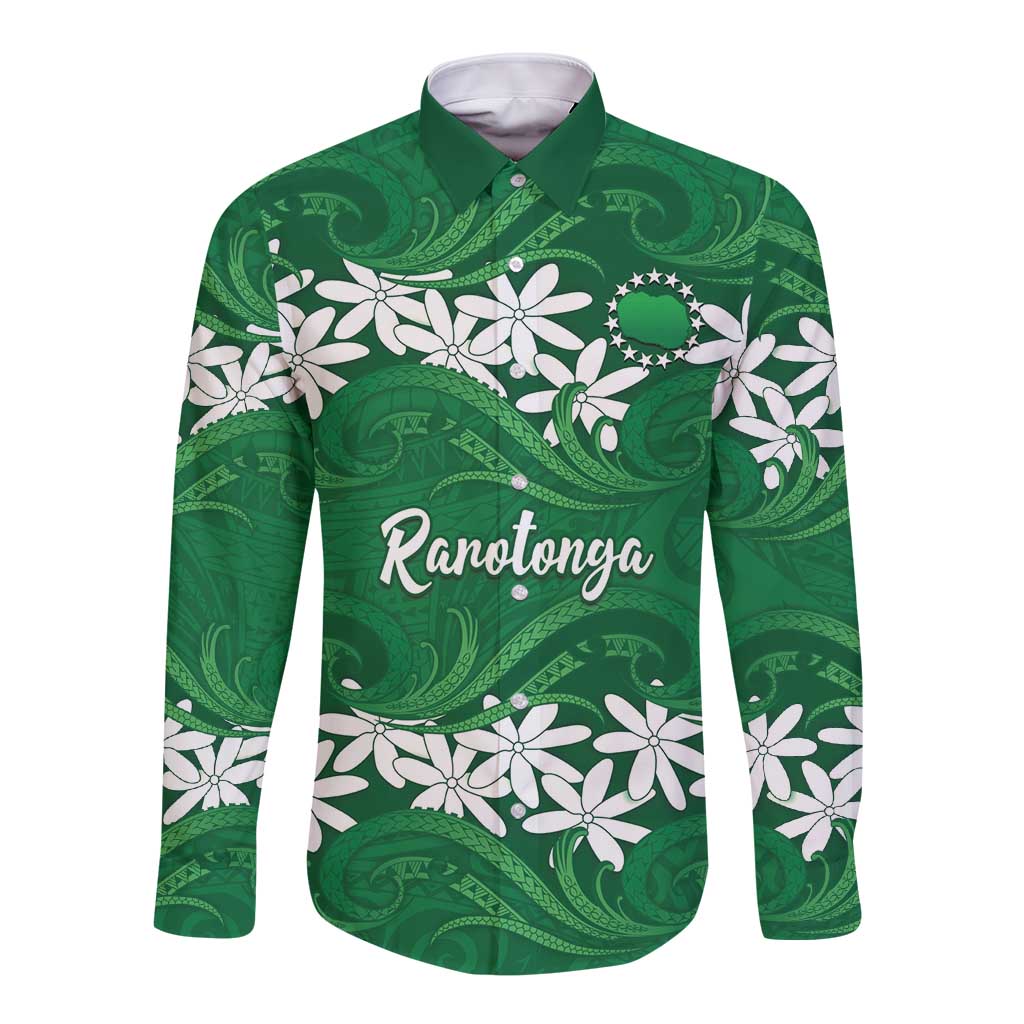Personalised Cook Islands Rarotonga Long Sleeve Button Shirt Tiare Maori Polynesian Waves Tattoo