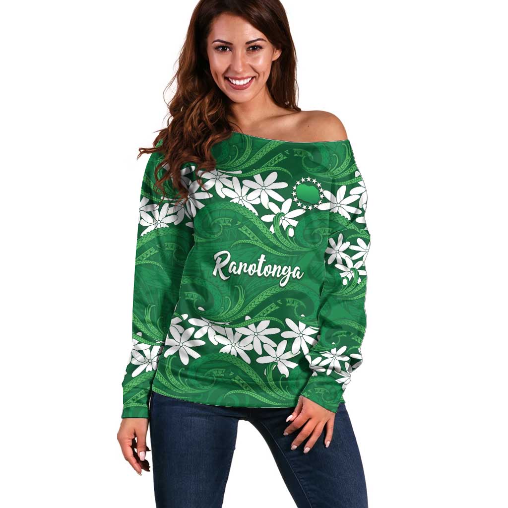 Personalised Cook Islands Rarotonga Off Shoulder Sweater Tiare Maori Polynesian Waves Tattoo