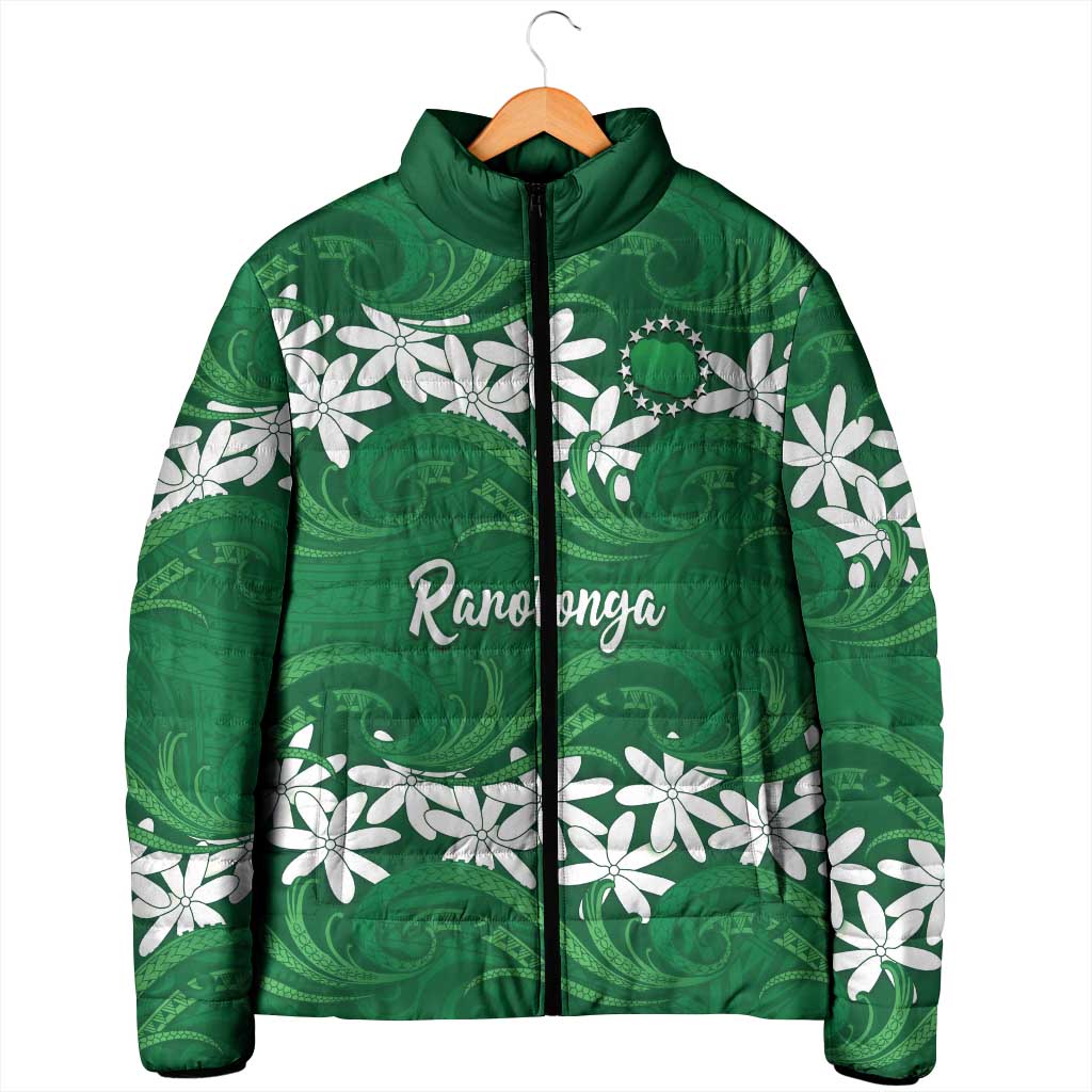 Personalised Cook Islands Rarotonga Padded Jacket Tiare Maori Polynesian Waves Tattoo