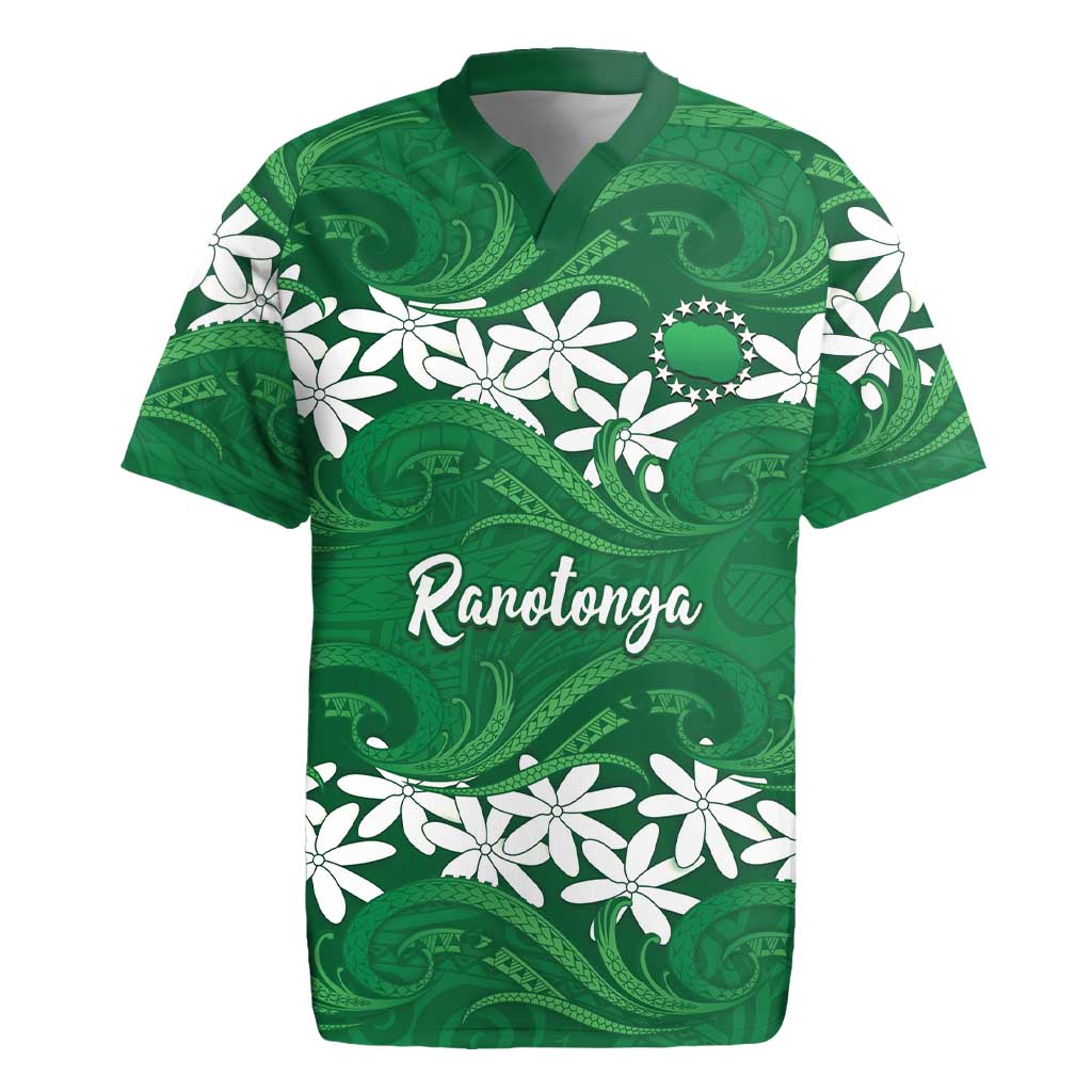 Personalised Cook Islands Rarotonga Rugby Jersey Tiare Maori Polynesian Waves Tattoo