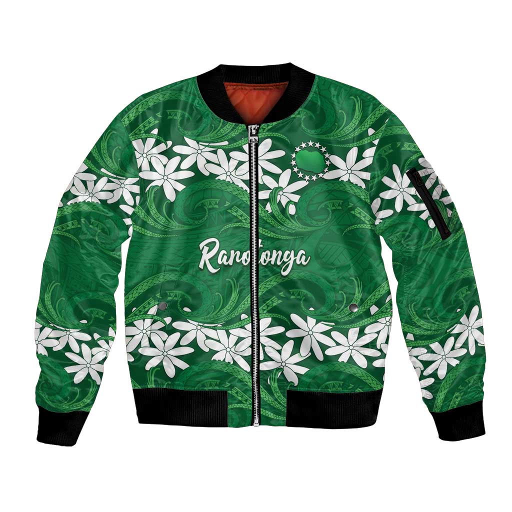 Personalised Cook Islands Rarotonga Sleeve Zip Bomber Jacket Tiare Maori Polynesian Waves Tattoo