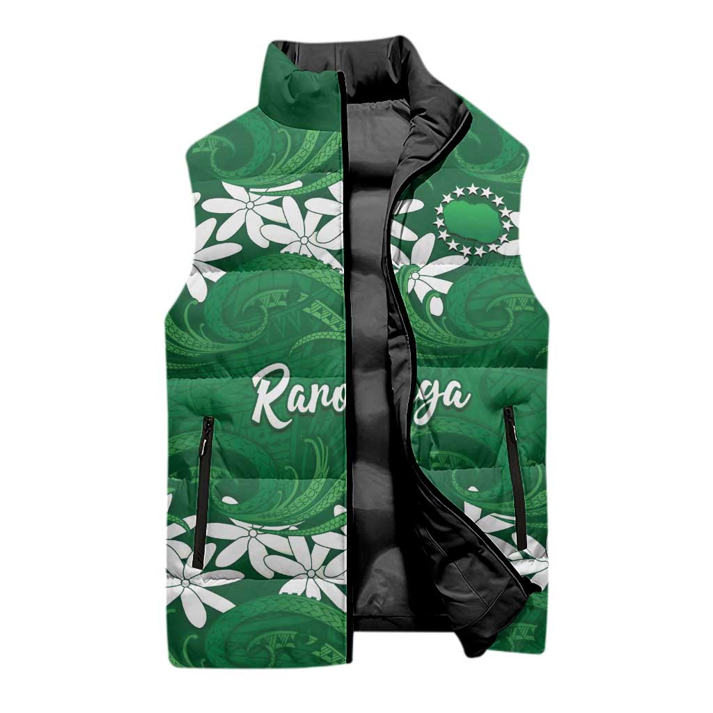Personalised Cook Islands Rarotonga Sleeveless Puffer Jacket Tiare Maori Polynesian Waves Tattoo