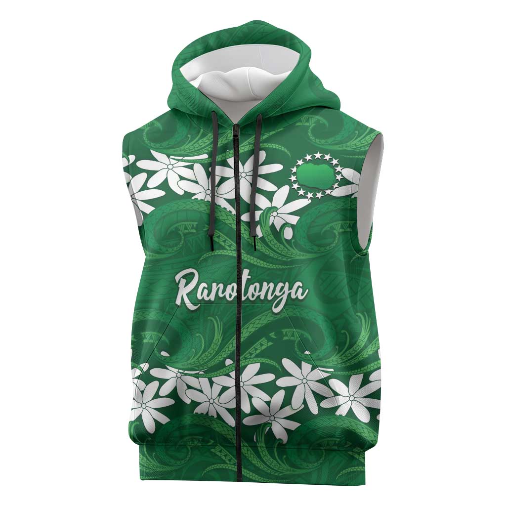 Personalised Cook Islands Rarotonga Sleeveless Zip Hoodie Tiare Maori Polynesian Waves Tattoo