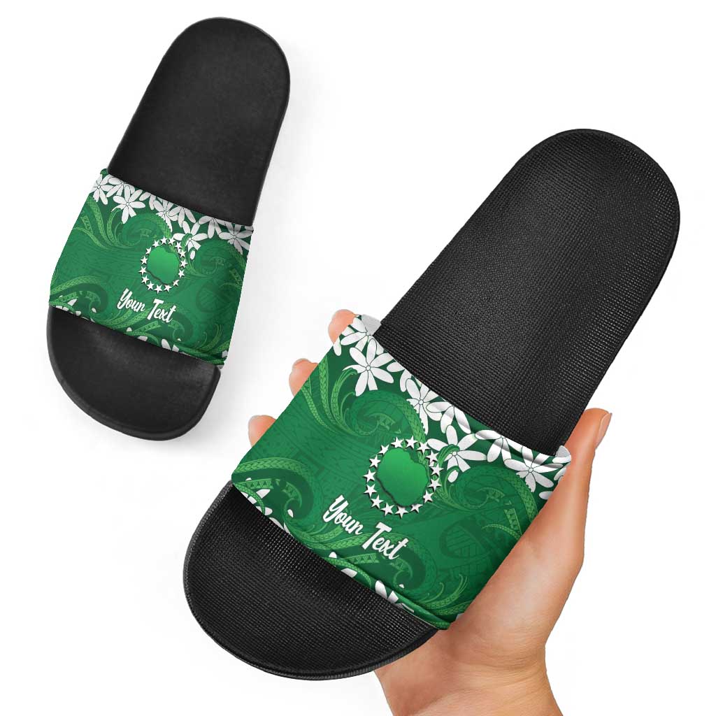 Personalised Cook Islands Rarotonga Slide Sandals Tiare Maori Polynesian Waves Tattoo