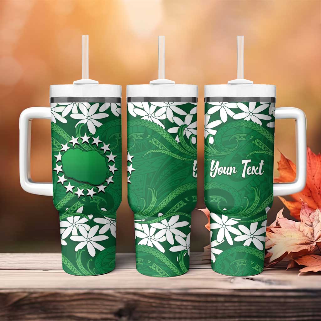 Personalised Cook Islands Rarotonga Tumbler With Handle Tiare Maori Polynesian Waves Tattoo