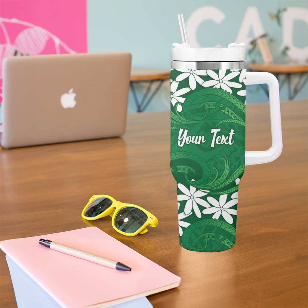 Personalised Cook Islands Rarotonga Tumbler With Handle Tiare Maori Polynesian Waves Tattoo