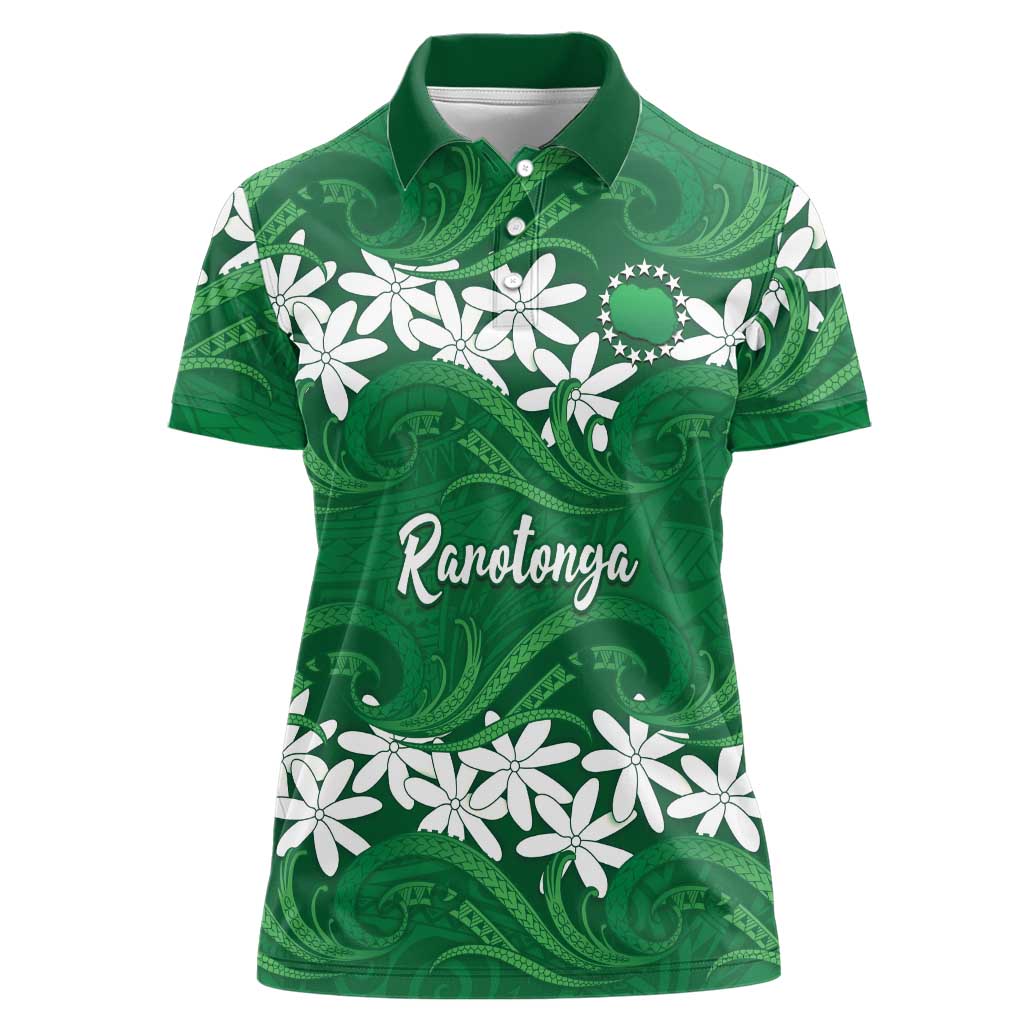 Personalised Cook Islands Rarotonga Women Polo Shirt Tiare Maori Polynesian Waves Tattoo
