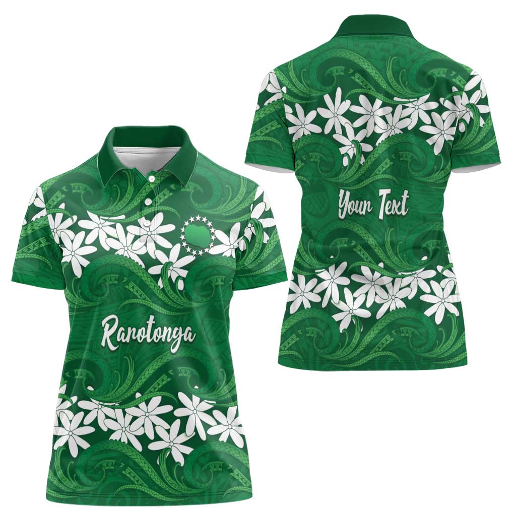 Personalised Cook Islands Rarotonga Women Polo Shirt Tiare Maori Polynesian Waves Tattoo