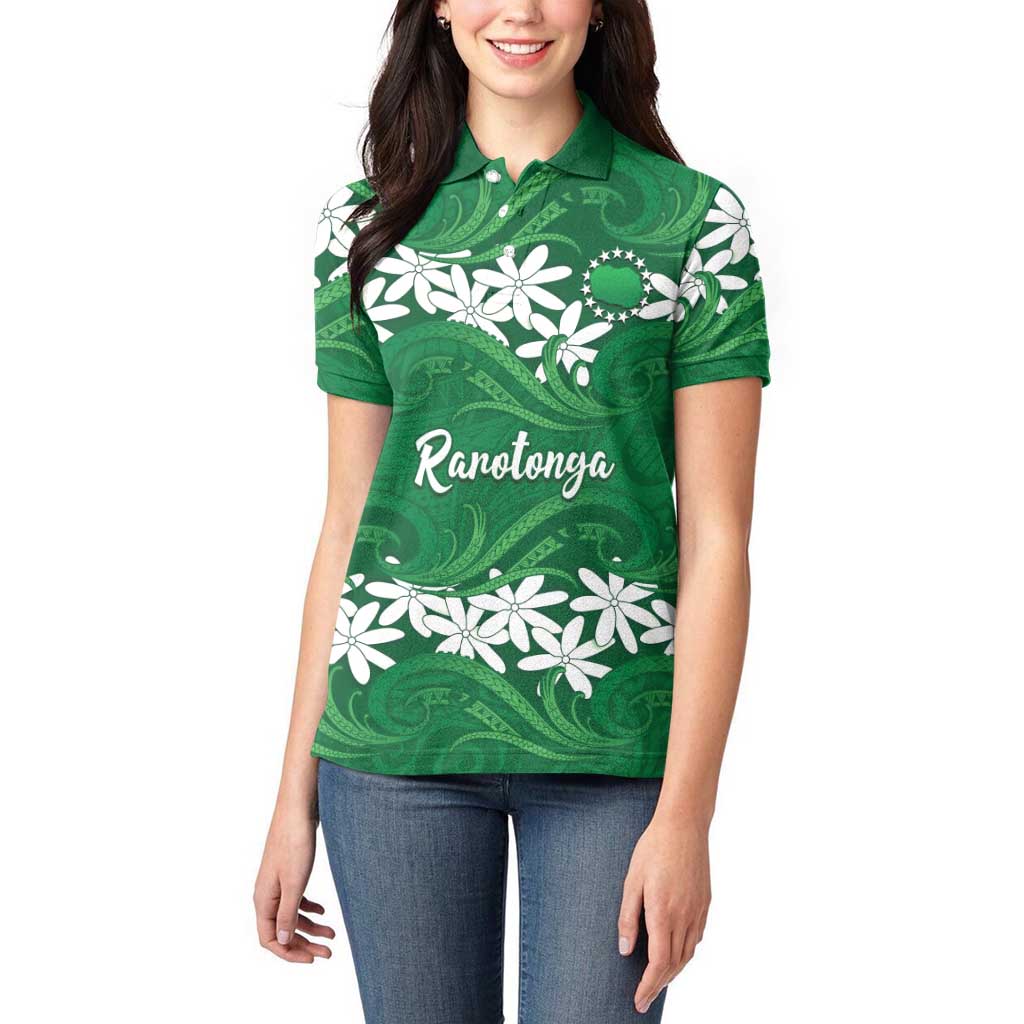 Personalised Cook Islands Rarotonga Women Polo Shirt Tiare Maori Polynesian Waves Tattoo