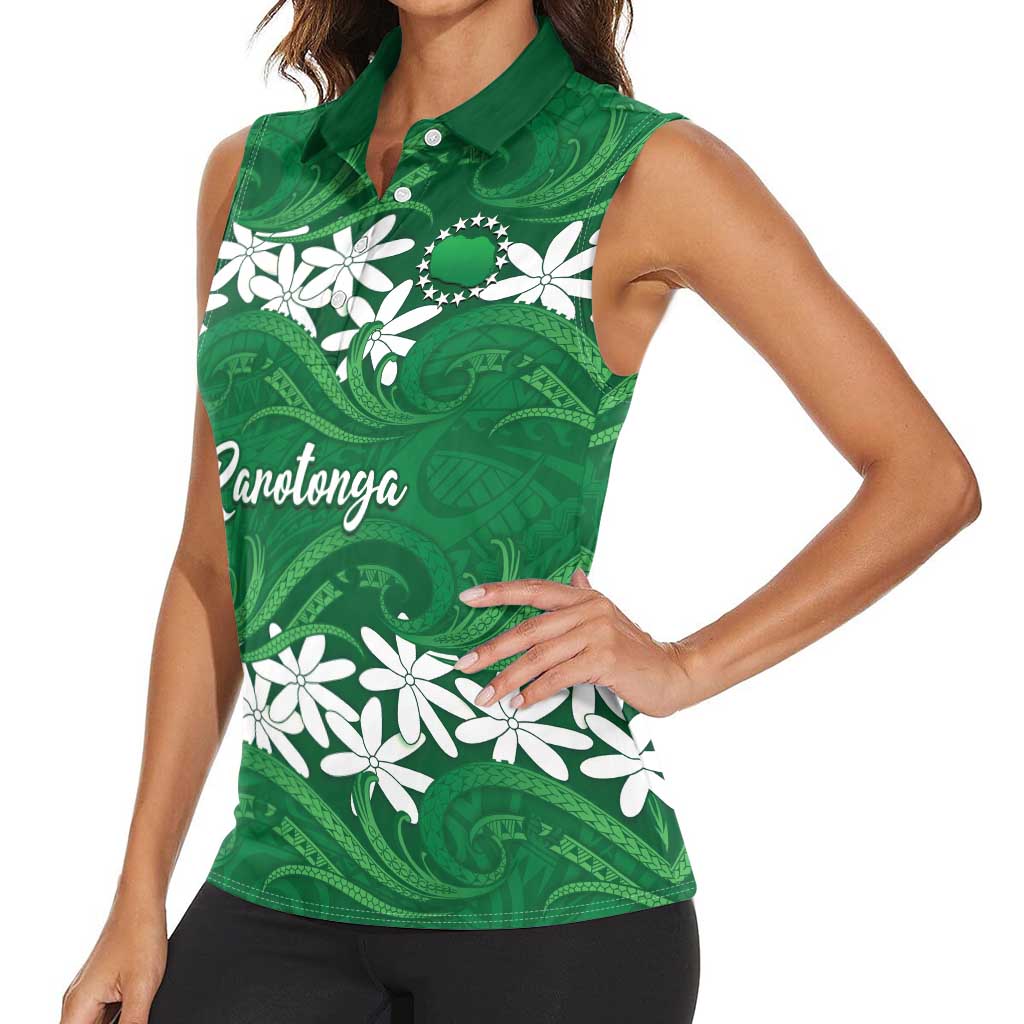 Personalised Cook Islands Rarotonga Women Sleeveless Polo Shirt Tiare Maori Polynesian Waves Tattoo