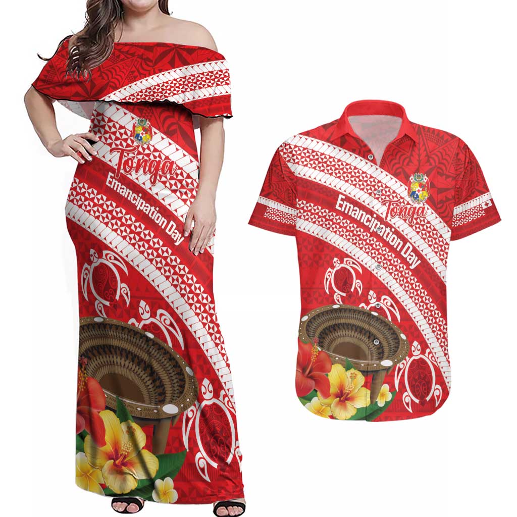 Kingdom Of Tonga Emancipation Day Couples Matching Off Shoulder Maxi Dress and Hawaiian Shirt Tongan Ngatu With Kumete Red LT14 Red - Polynesian Pride