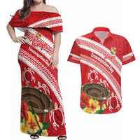 Kingdom Of Tonga Emancipation Day Couples Matching Off Shoulder Maxi Dress and Hawaiian Shirt Tongan Ngatu With Kumete Red LT14 Red - Polynesian Pride