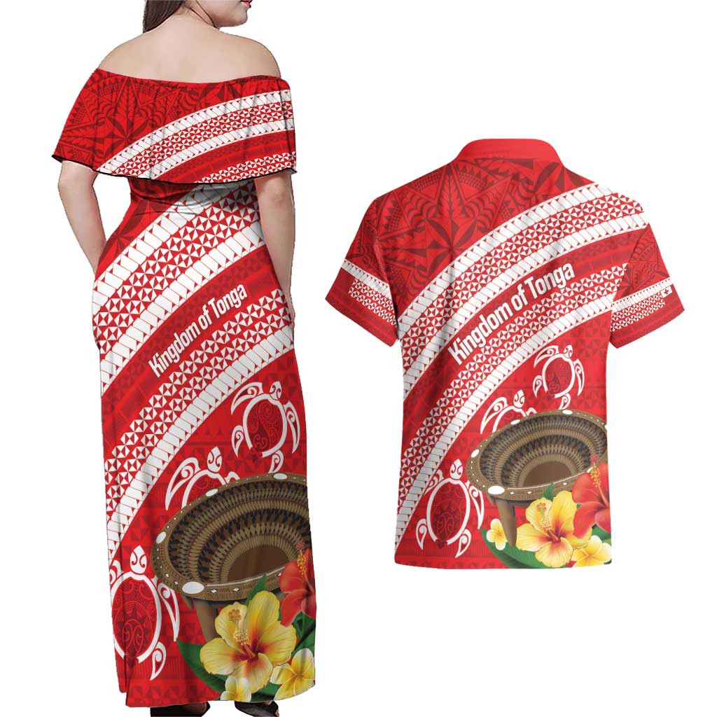 Kingdom Of Tonga Emancipation Day Couples Matching Off Shoulder Maxi Dress and Hawaiian Shirt Tongan Ngatu With Kumete Red LT14 - Polynesian Pride
