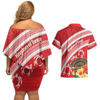 Kingdom Of Tonga Emancipation Day Couples Matching Off Shoulder Short Dress and Hawaiian Shirt Tongan Ngatu With Kumete Red LT14 - Polynesian Pride
