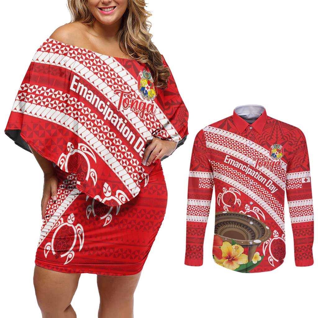 Kingdom Of Tonga Emancipation Day Couples Matching Off Shoulder Short Dress and Long Sleeve Button Shirt Tongan Ngatu With Kumete Red LT14 Red - Polynesian Pride