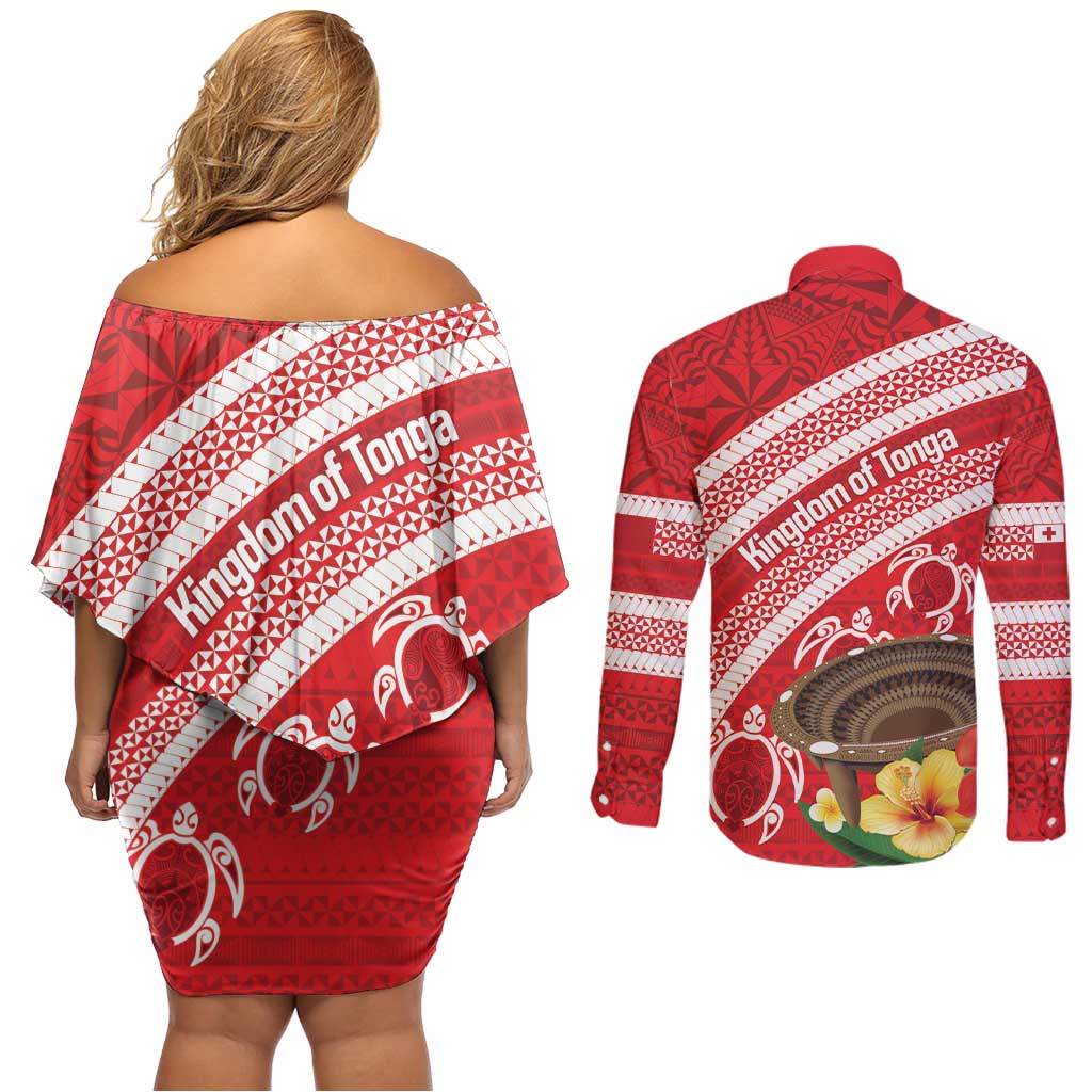 Kingdom Of Tonga Emancipation Day Couples Matching Off Shoulder Short Dress and Long Sleeve Button Shirt Tongan Ngatu With Kumete Red LT14 - Polynesian Pride