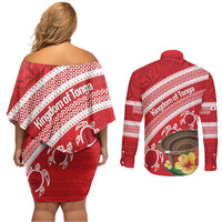 Kingdom Of Tonga Emancipation Day Couples Matching Off Shoulder Short Dress and Long Sleeve Button Shirt Tongan Ngatu With Kumete Red LT14 - Polynesian Pride
