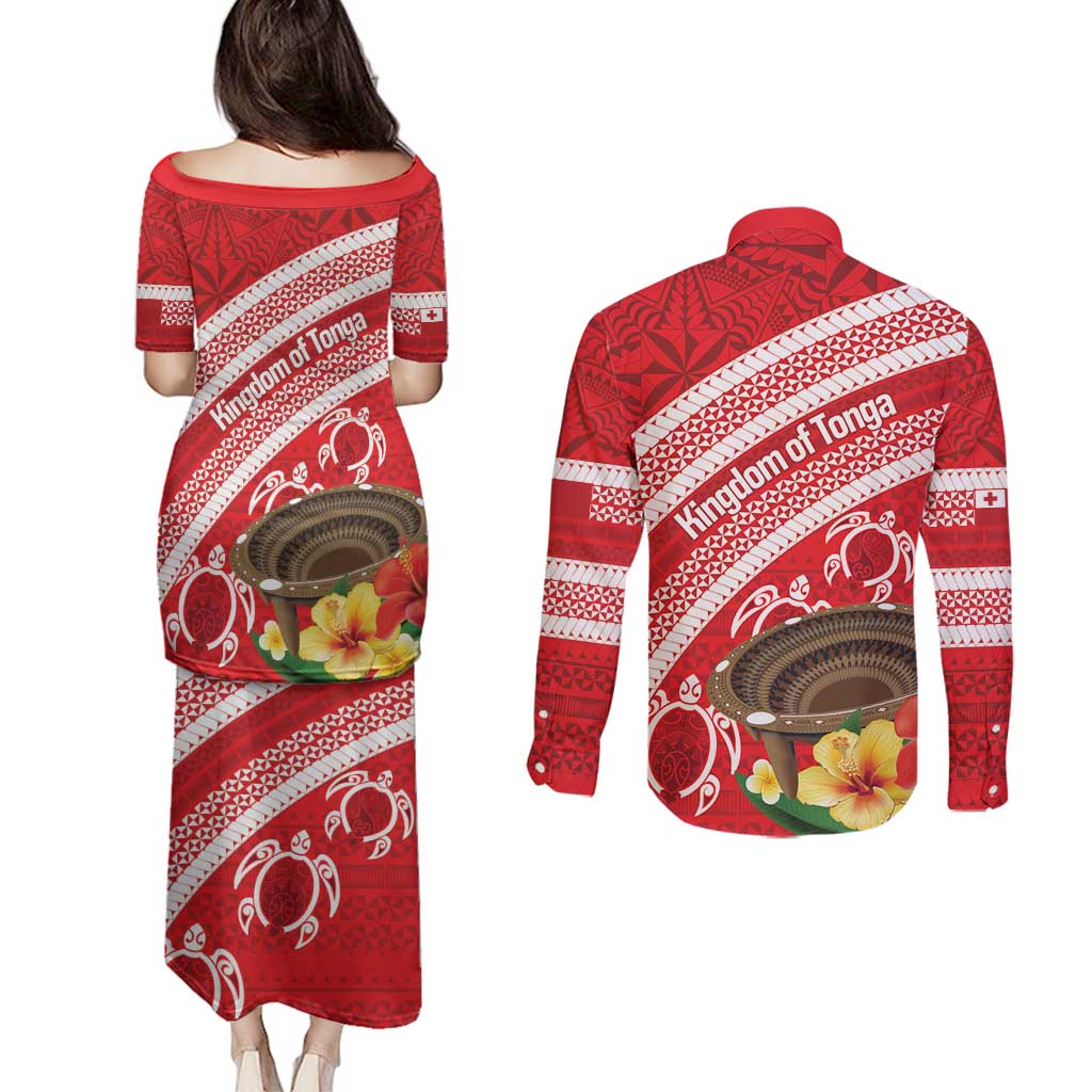 Kingdom Of Tonga Emancipation Day Couples Matching Puletasi and Long Sleeve Button Shirt Tongan Ngatu With Kumete Red