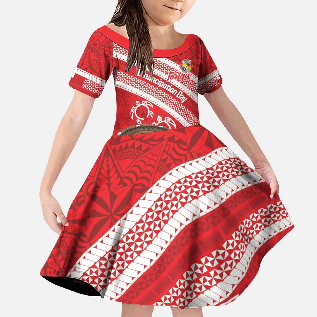 Kingdom Of Tonga Emancipation Day Family Matching Mermaid Dress and Hawaiian Shirt Tongan Ngatu With Kumete Red LT14 Daughter's Dress Red - Polynesian Pride