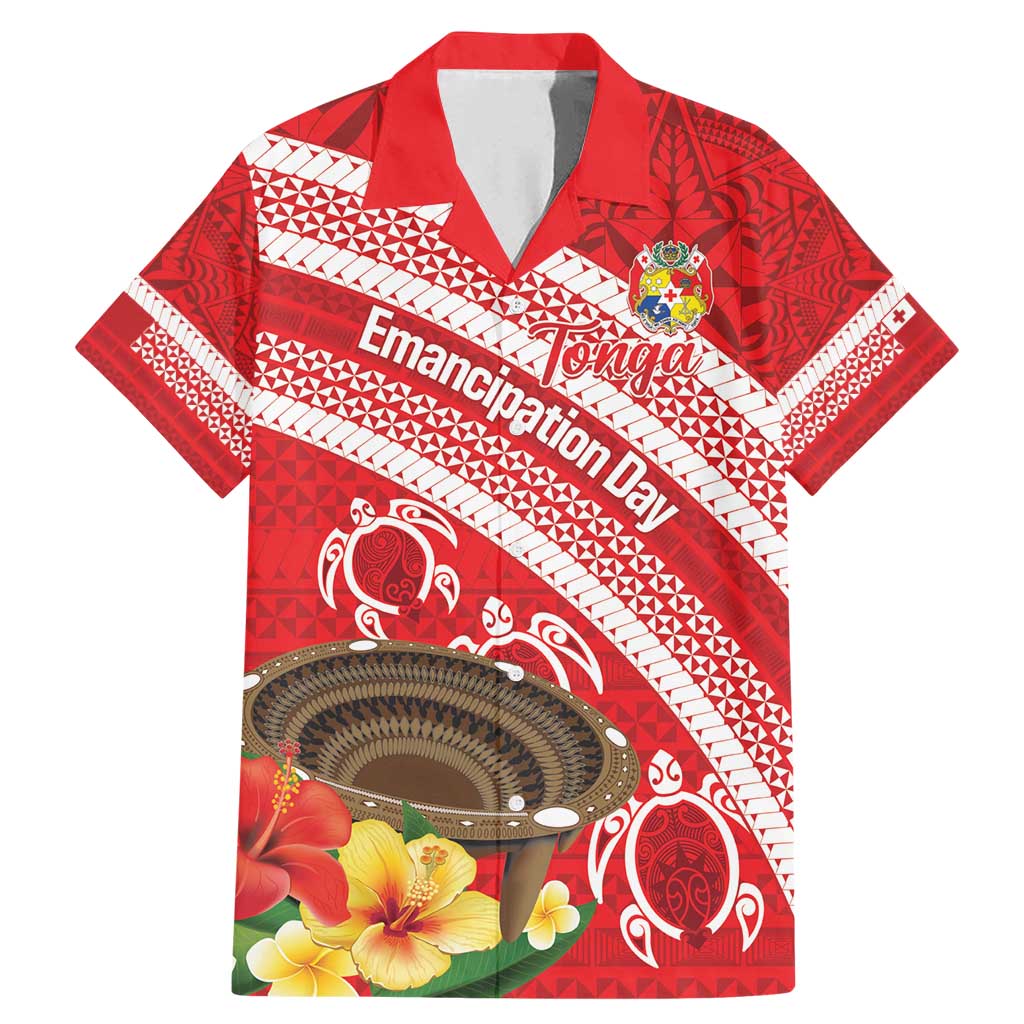 Kingdom Of Tonga Emancipation Day Family Matching Mermaid Dress and Hawaiian Shirt Tongan Ngatu With Kumete Red LT14 Dad's Shirt - Short Sleeve Red - Polynesian Pride