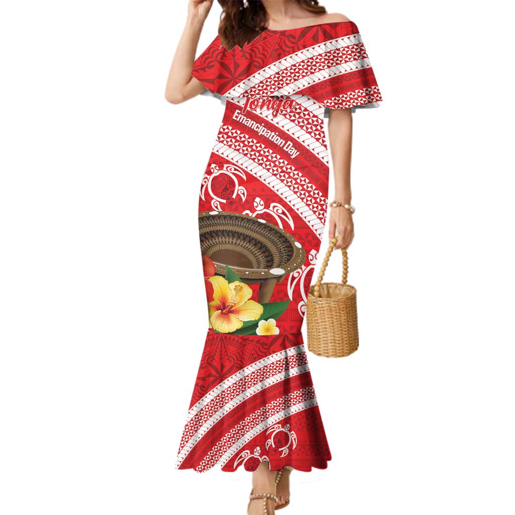 Kingdom Of Tonga Emancipation Day Family Matching Mermaid Dress and Hawaiian Shirt Tongan Ngatu With Kumete Red LT14 Mom's Dress Red - Polynesian Pride