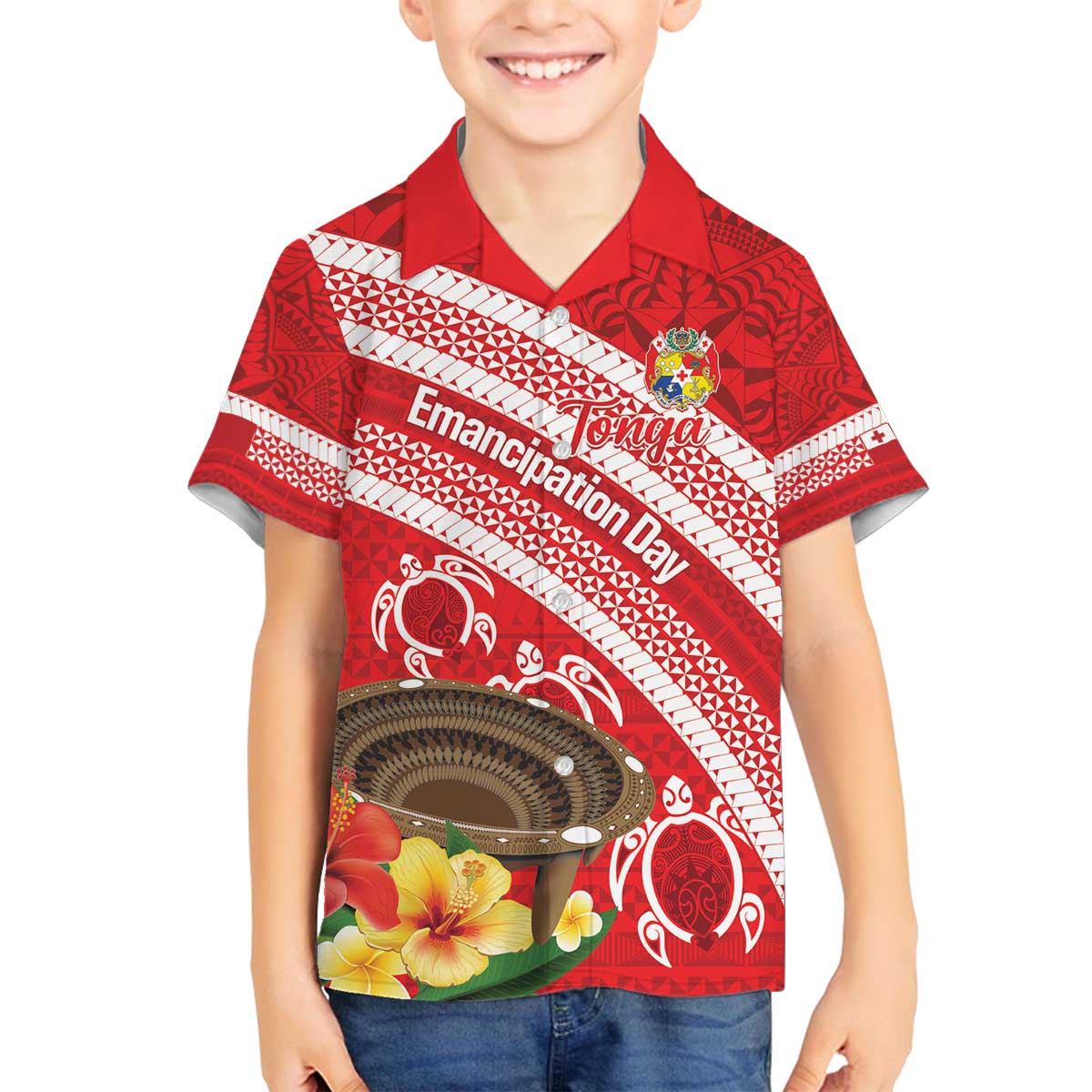 Kingdom Of Tonga Emancipation Day Family Matching Off The Shoulder Long Sleeve Dress and Hawaiian Shirt Tongan Ngatu With Kumete Red