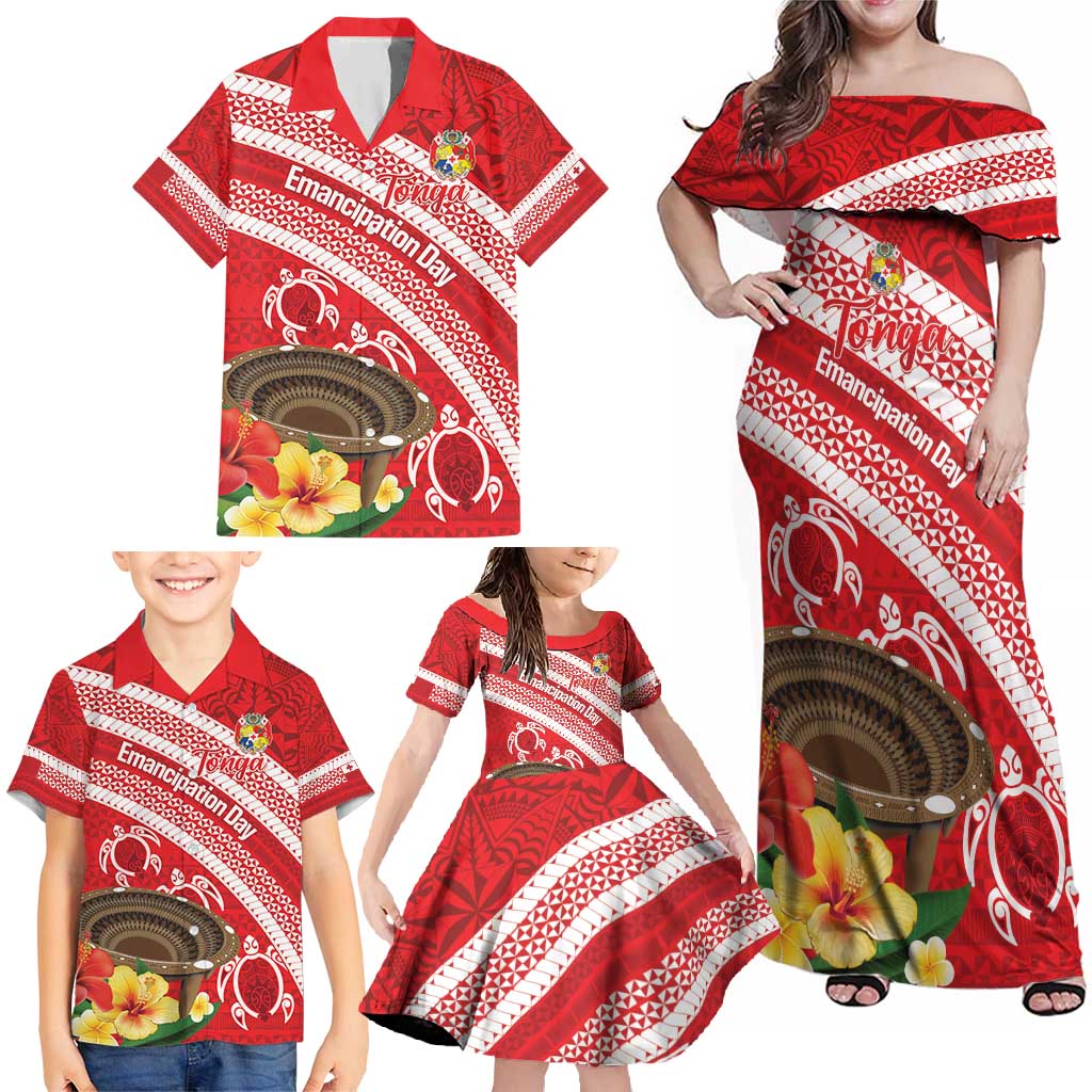Kingdom Of Tonga Emancipation Day Family Matching Off Shoulder Maxi Dress and Hawaiian Shirt Tongan Ngatu With Kumete Red LT14 - Polynesian Pride
