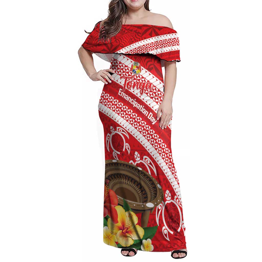 Kingdom Of Tonga Emancipation Day Family Matching Off Shoulder Maxi Dress and Hawaiian Shirt Tongan Ngatu With Kumete Red LT14 Mom's Dress Red - Polynesian Pride