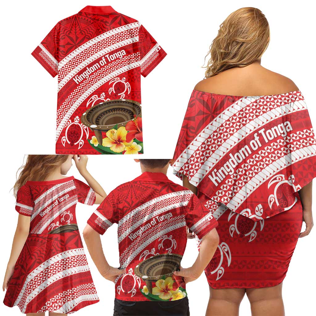 Kingdom Of Tonga Emancipation Day Family Matching Off Shoulder Short Dress and Hawaiian Shirt Tongan Ngatu With Kumete Red LT14 - Polynesian Pride
