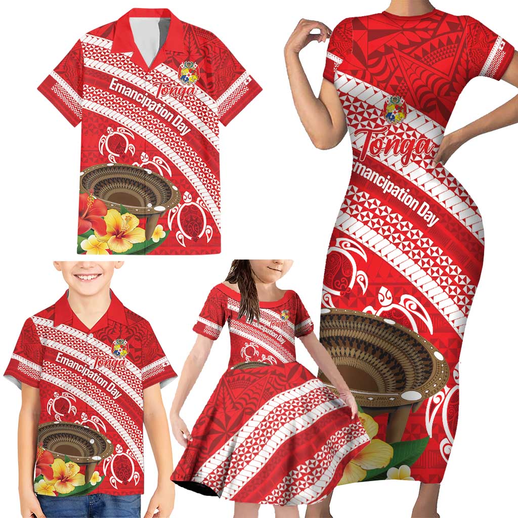 Kingdom Of Tonga Emancipation Day Family Matching Short Sleeve Bodycon Dress and Hawaiian Shirt Tongan Ngatu With Kumete Red LT14 - Polynesian Pride