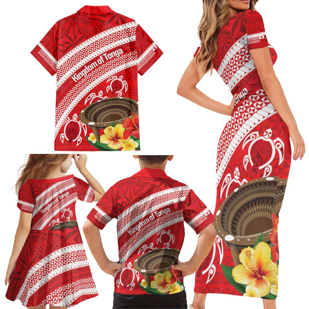 Kingdom Of Tonga Emancipation Day Family Matching Short Sleeve Bodycon Dress and Hawaiian Shirt Tongan Ngatu With Kumete Red LT14 - Polynesian Pride